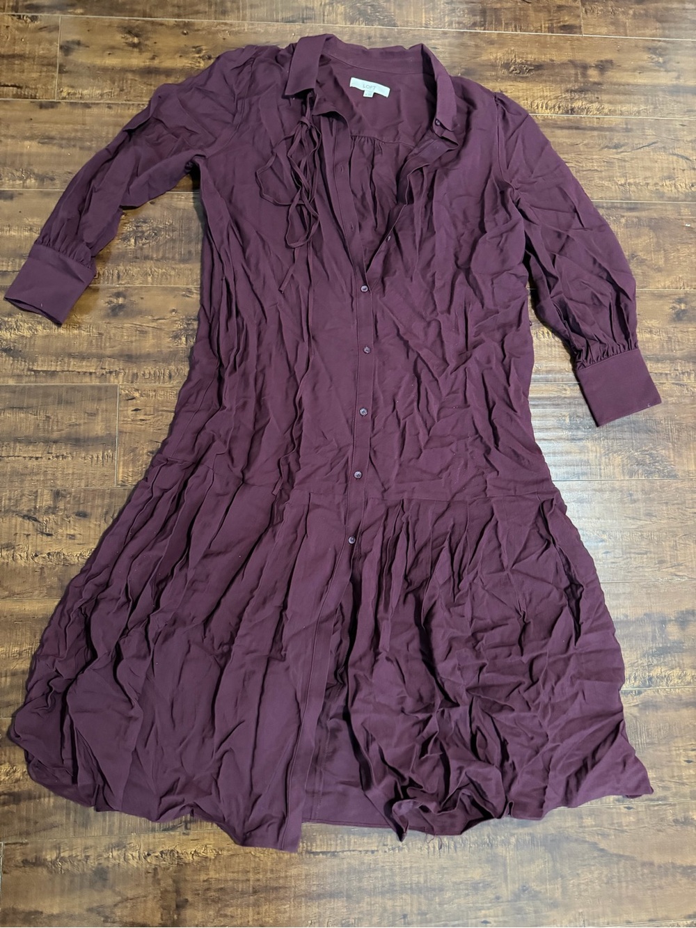 LOFT Burgundy Button-Front Midi Shirt Dress